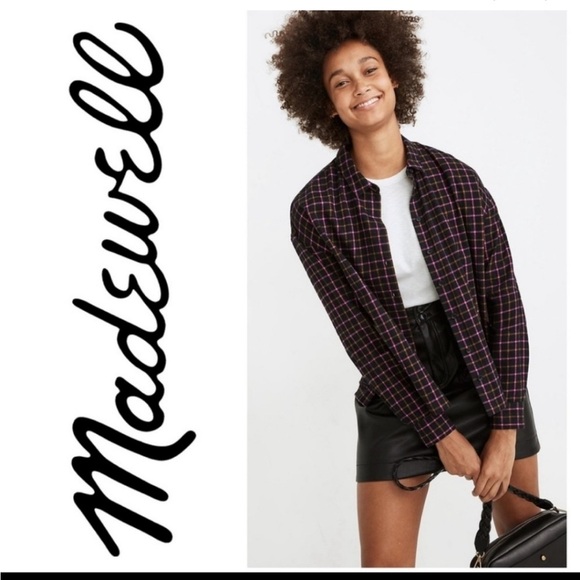 Madewell Plaid Flannel Pink Black and Tan Button Down Shirt Size Large / L - Picture 1 of 12